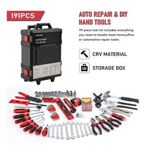 191 PCS Tool Sets for Men, Home Tool Kit with Rolling Plastic Trolley Case, P...